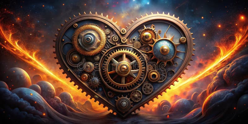 Un cuore meccanico tra una nebulosa cosmica e una vista a vapore. Generative AI illustrazione vettoriale