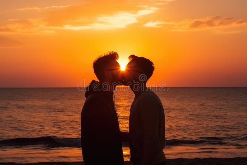 Un cuplu romantic homosexual care împărtășește un sărut sub un apus de soare vibrant pe plajă.. ai generativ royalty free illustration