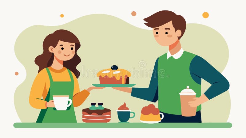 Un cuplu tânăr care servește cafea proaspăt preparată și vinde felii de tort la vânzarea de prăjituri pentru a strânge bani pentru royalty free illustration