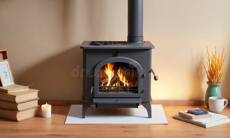 Un cuptor cu lemne, cu un foc încins, se așează pe un covor alb într-o cameră de zi, gata să țină spațiul cald și confortabil royalty free stock image