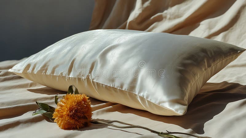 Un cuscino di raso bianco giace su una superficie di tessuto beige morbida che riflette la luce naturale. royalty illustrazione gratis