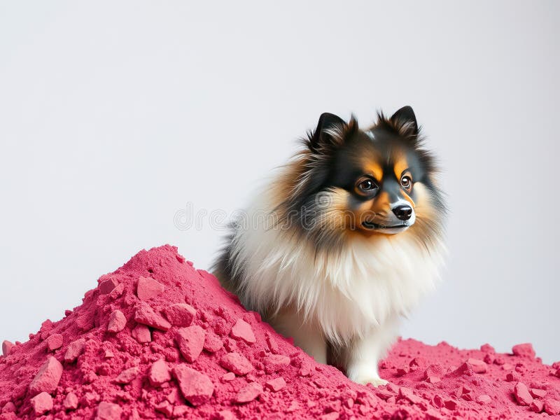 Un câine german Spitz se pune elegant pe un Gresie Greoaie Capturarea Farmecul Rustic într-un CyanMagenta Misty stock illustration