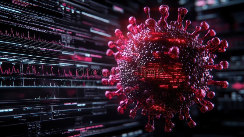 In un 3d le particelle del virus del rendering sono rappresentate che galleggiano su un circuito futuristico. illustrazione di stock