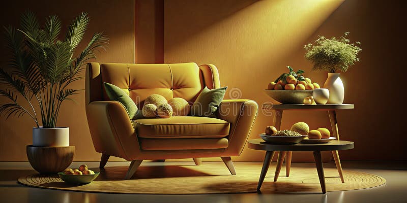 Un 3d uimitor a făcut un scaun portocaliu modern, perfect pentru o fotografie contemporană cu mâncarea din sufragerie și viața stock illustration