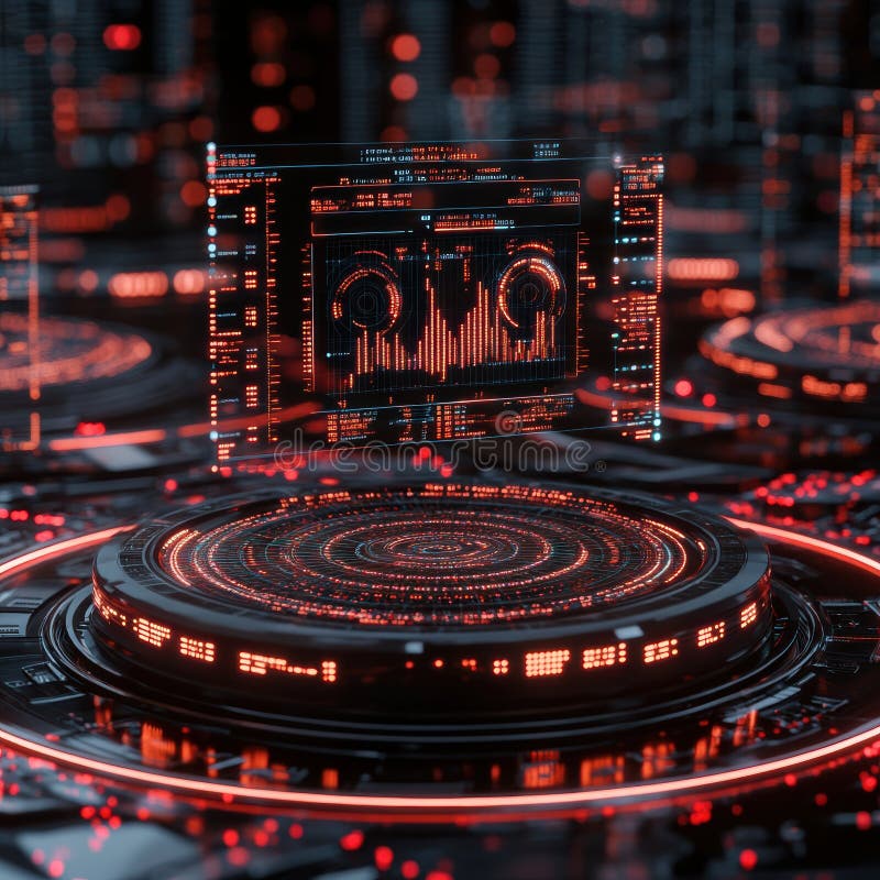 Un dashboard di dati futuristici high-tech con display olografici rossi e visualizzazione complessa dei dati che simboleggia l'ava illustrazione vettoriale