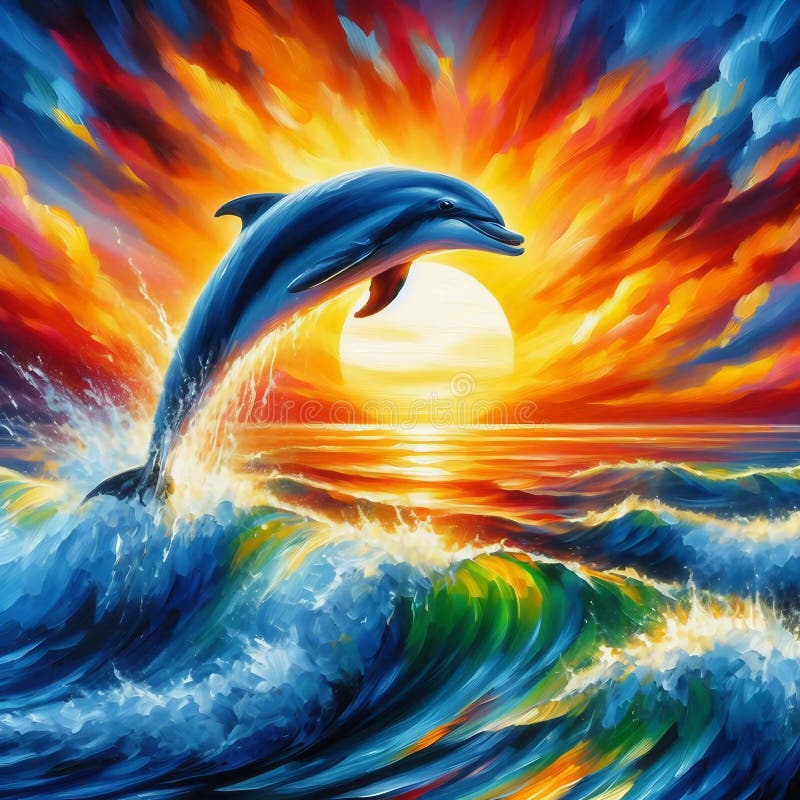 Un dauphin ludique sonne au-dessus des vagues avec un coucher de soleil radieux peignant le ciel dans des teintes vives. illustration stock