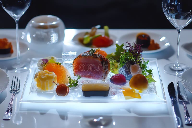 Un delicioso plato gourmet con colores vivos y una presentación elegante, ideal para una cena exquisita y una delicia culinaria ilustración del vector