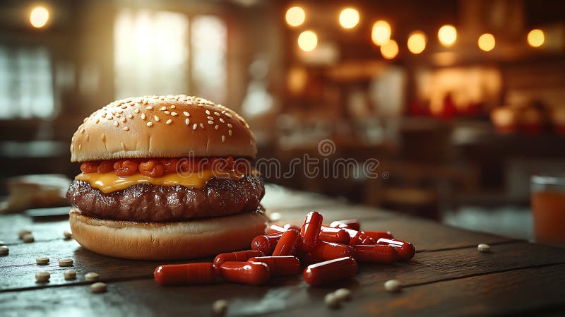 Un delizioso cheeseburger servito con capsule colorate su un rustico tavolo di legno in un comodo ristorante AI Generato illustrazione vettoriale
