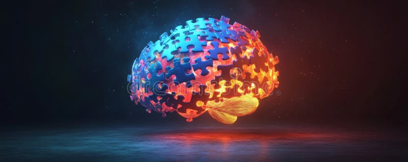 Un design conceptuel avec un cerveau brillant fait de puzzle multicolore superposé représentant image libre de droits