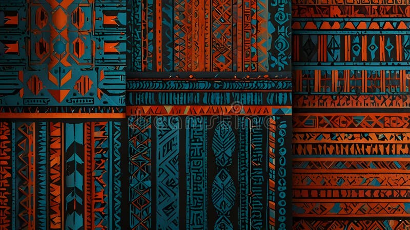 Un design geometrico di tessuto che presenta complessi modelli nativi americani con una tavolozza di colori futuristica illustrazione di stock