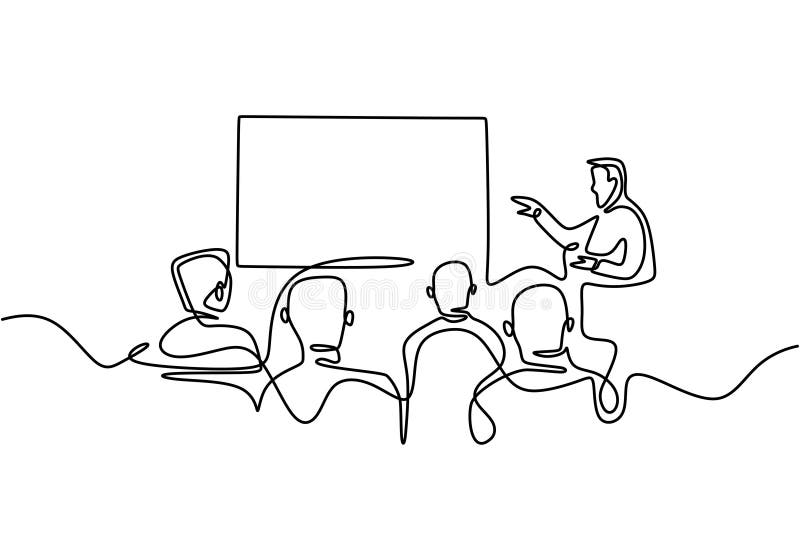 Un dessin au trait continu des gens de groupe lors de la réunion de présentation Présentateur parlant à l'assistance à la salle d