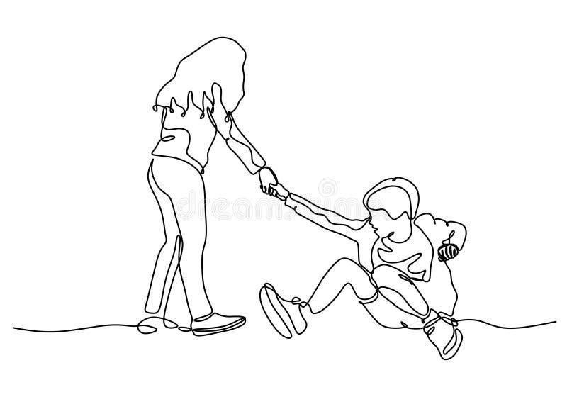 Un dessin continu d'une ligne de Soeur aide son petit frère L'acte de gentillesse dans le thème de l'enfance Jeune fille et petit