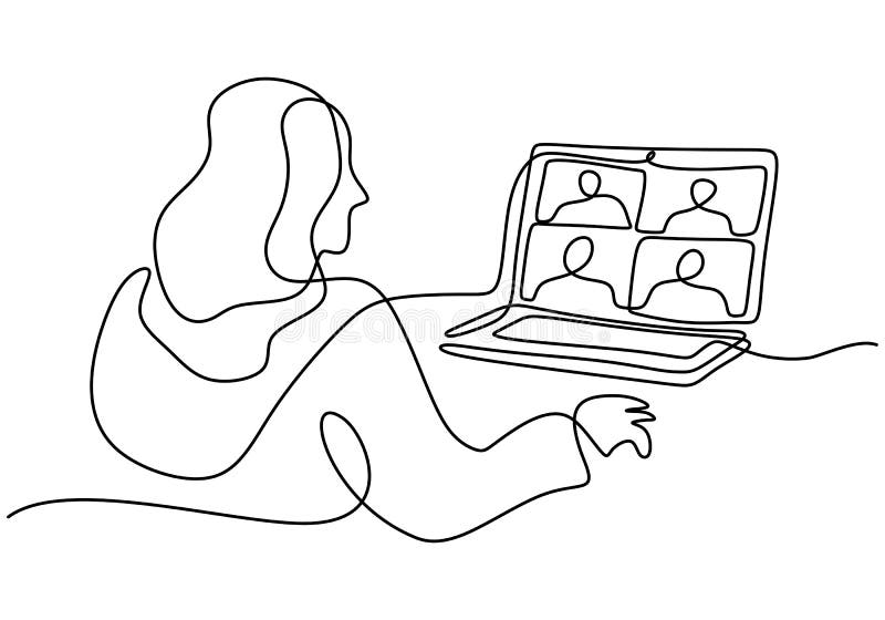 Un dibujo de línea continua de una estudiante adolescente de escuela femenina usa audífono y ve video en línea aprendizaje en el w stock de ilustración