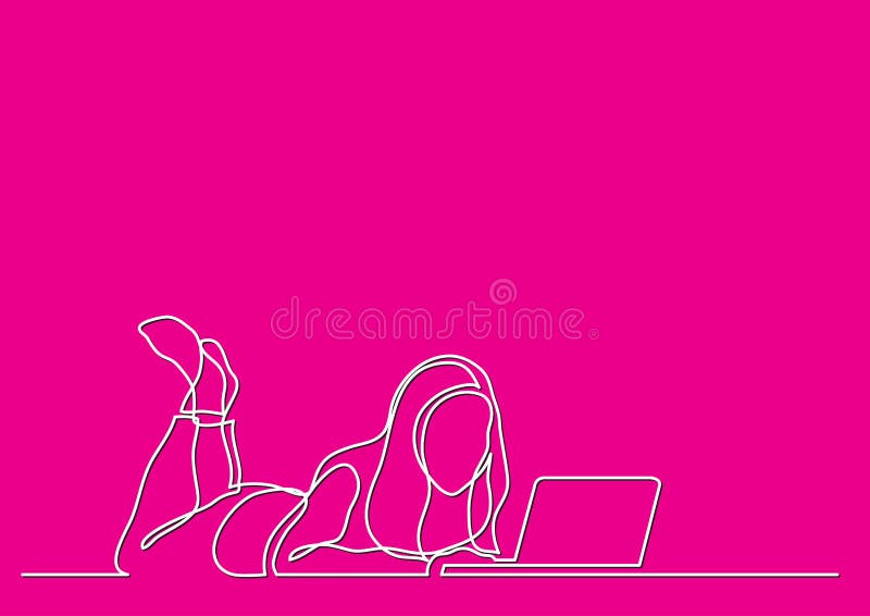 Un dibujo lineal de la mujer que miente con el ordenador portátil libre illustration