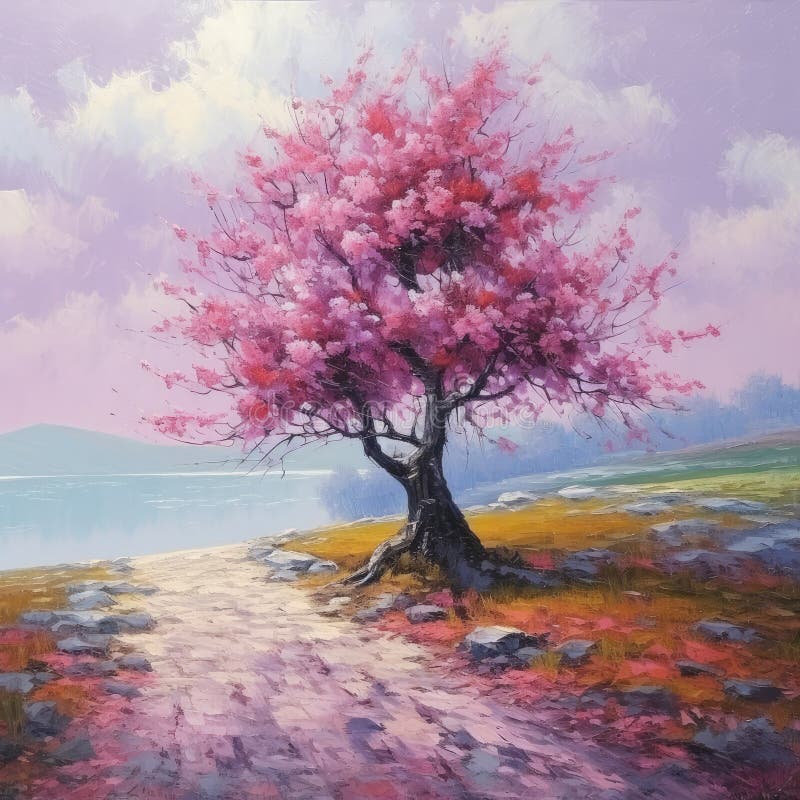 A squarish oil-based illustration of a colorful blooming lonely tree. AI-generated image. A squarish oil-based illustration of a colorful blooming lonely tree. AI-generated image.