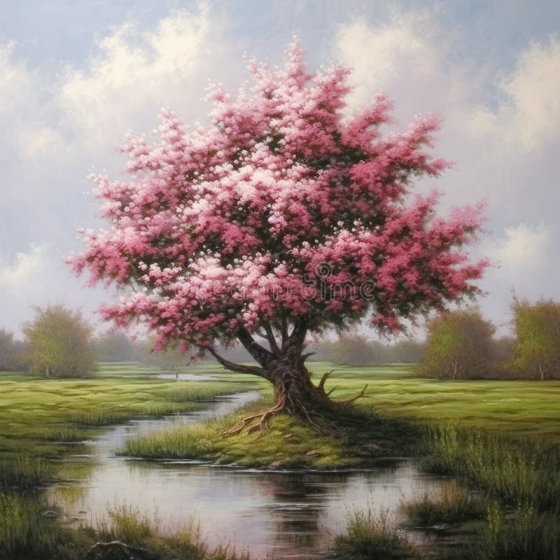 A squarish oil-based illustration of a colorful blooming lonely tree. AI-generated image. A squarish oil-based illustration of a colorful blooming lonely tree. AI-generated image.