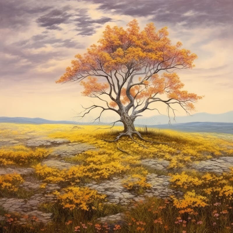 A squarish oil-based illustration of a colorful blooming lonely tree. AI-generated image. A squarish oil-based illustration of a colorful blooming lonely tree. AI-generated image.