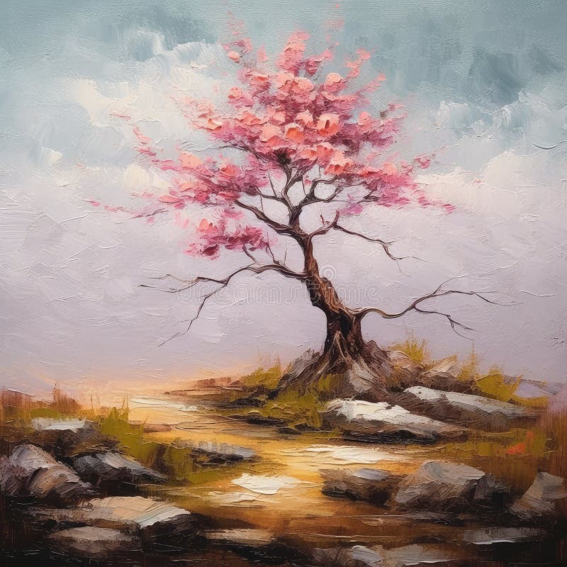 A squarish oil-based illustration of a colorful blooming lonely tree. AI-generated image. A squarish oil-based illustration of a colorful blooming lonely tree. AI-generated image.