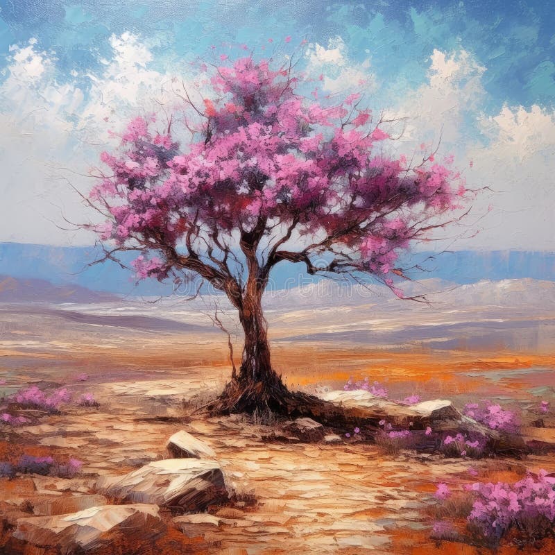 A squarish oil-based illustration of a colorful blooming lonely tree. AI-generated image. A squarish oil-based illustration of a colorful blooming lonely tree. AI-generated image.