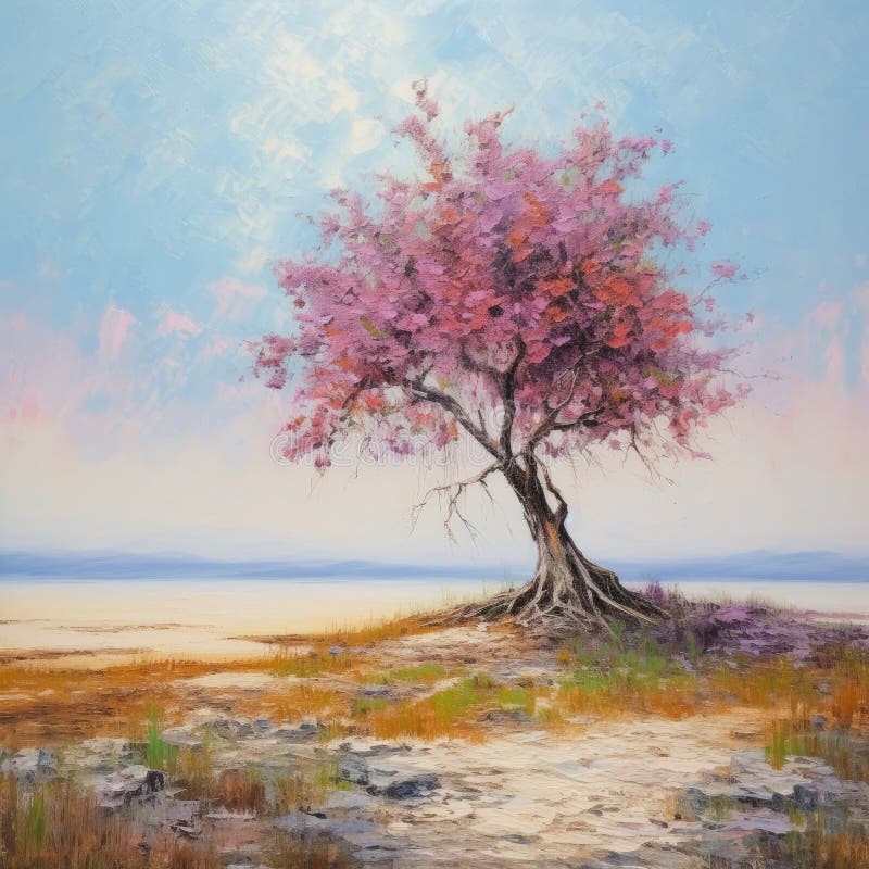 A squarish oil-based illustration of a colorful blooming lonely tree. AI-generated image. A squarish oil-based illustration of a colorful blooming lonely tree. AI-generated image.