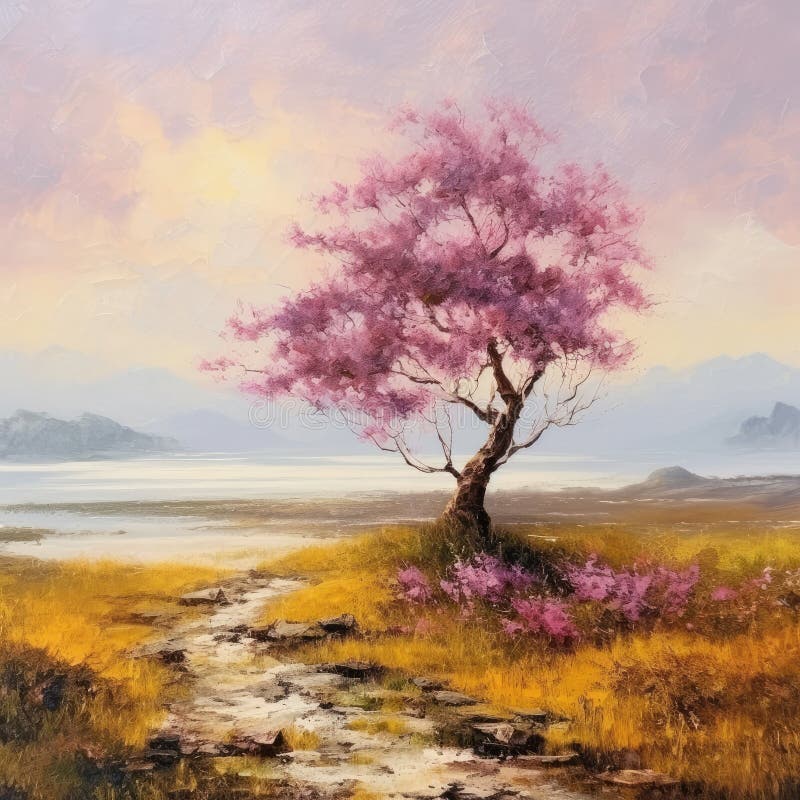 A squarish oil-based illustration of a colorful blooming lonely tree. AI-generated image. A squarish oil-based illustration of a colorful blooming lonely tree. AI-generated image.