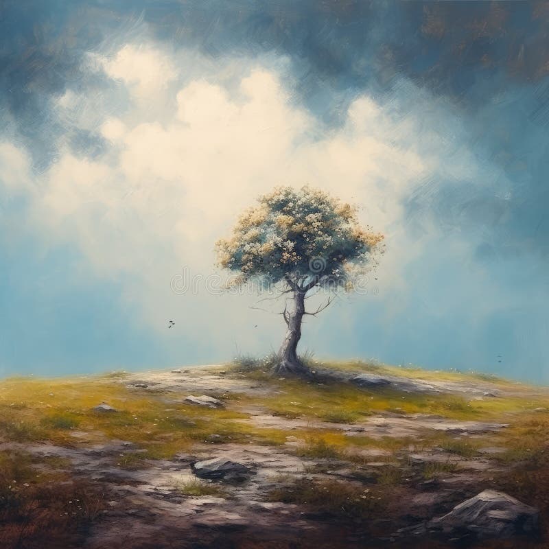 A squarish oil-based illustration of a colorful blooming lonely tree. AI-generated image. A squarish oil-based illustration of a colorful blooming lonely tree. AI-generated image.