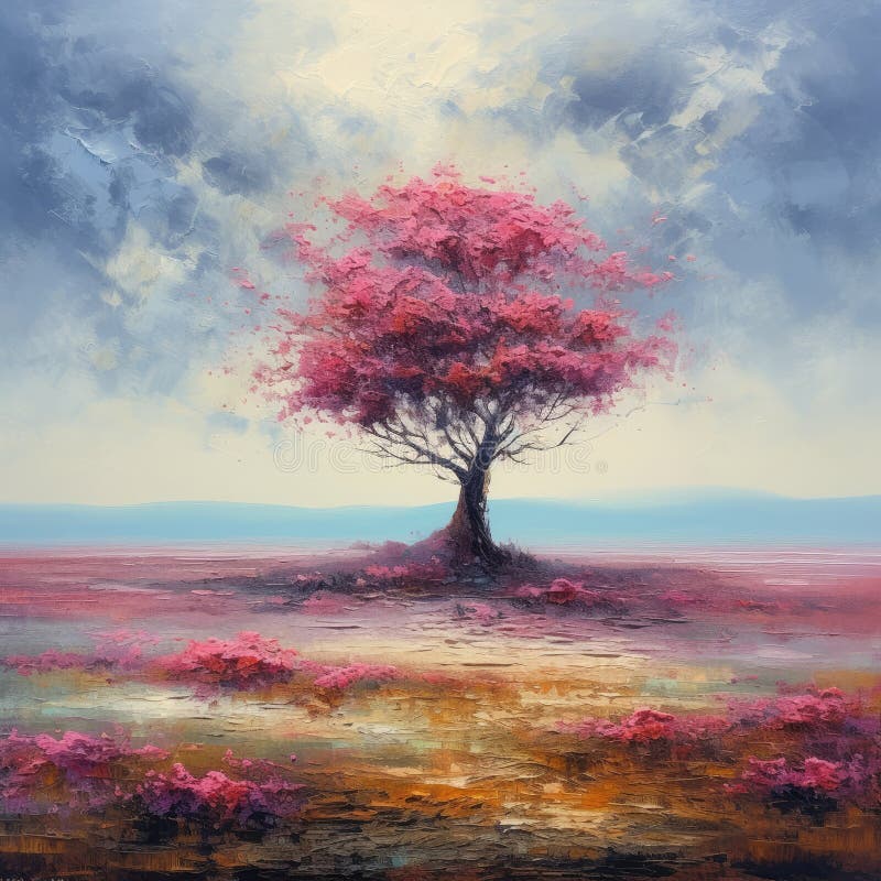 A squarish oil-based illustration of a colorful blooming lonely tree. AI-generated image. A squarish oil-based illustration of a colorful blooming lonely tree. AI-generated image.