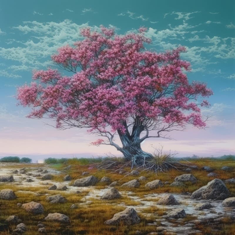 A squarish oil-based illustration of a colorful blooming lonely tree. AI-generated image. A squarish oil-based illustration of a colorful blooming lonely tree. AI-generated image.