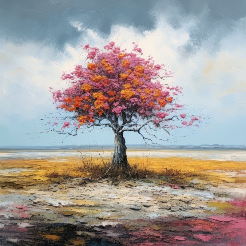 A squarish oil-based illustration of a colorful blooming lonely tree. AI-generated image. A squarish oil-based illustration of a colorful blooming lonely tree. AI-generated image.