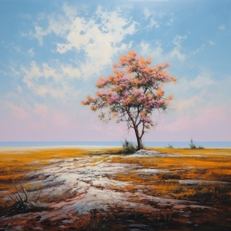 A squarish oil-based illustration of a colorful blooming lonely tree. AI-generated image. A squarish oil-based illustration of a colorful blooming lonely tree. AI-generated image.