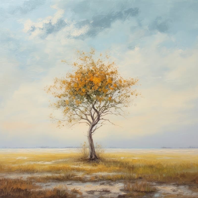 A squarish oil-based illustration of a colorful blooming lonely tree. AI-generated image. A squarish oil-based illustration of a colorful blooming lonely tree. AI-generated image.