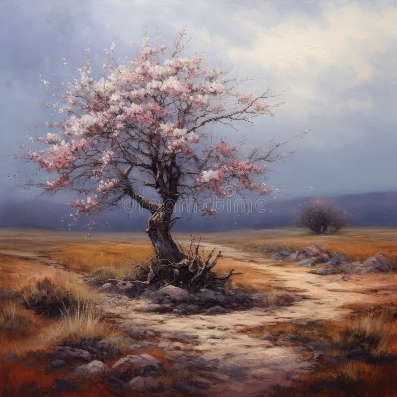 A squarish oil-based illustration of a colorful blooming lonely tree. AI-generated image. A squarish oil-based illustration of a colorful blooming lonely tree. AI-generated image.