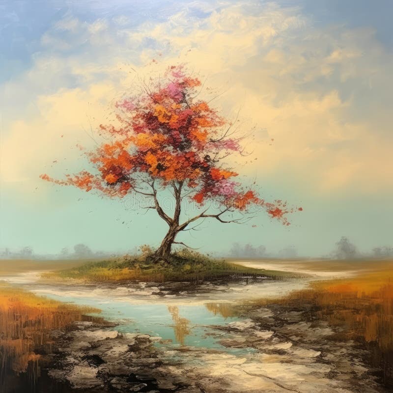 A squarish oil-based illustration of a colorful blooming lonely tree. AI-generated image. A squarish oil-based illustration of a colorful blooming lonely tree. AI-generated image.