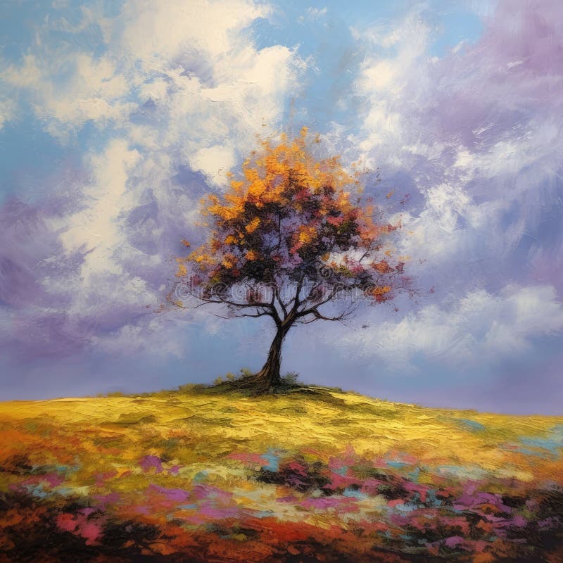 A squarish oil-based illustration of a colorful blooming lonely tree. AI-generated image. A squarish oil-based illustration of a colorful blooming lonely tree. AI-generated image.