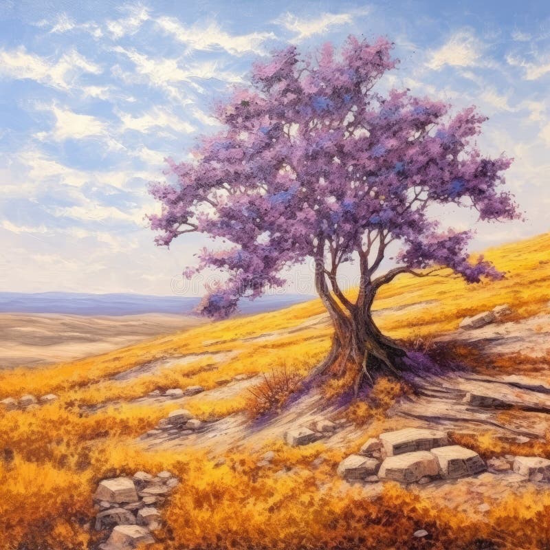 A squarish oil-based illustration of a colorful blooming lonely tree. AI-generated image. A squarish oil-based illustration of a colorful blooming lonely tree. AI-generated image.