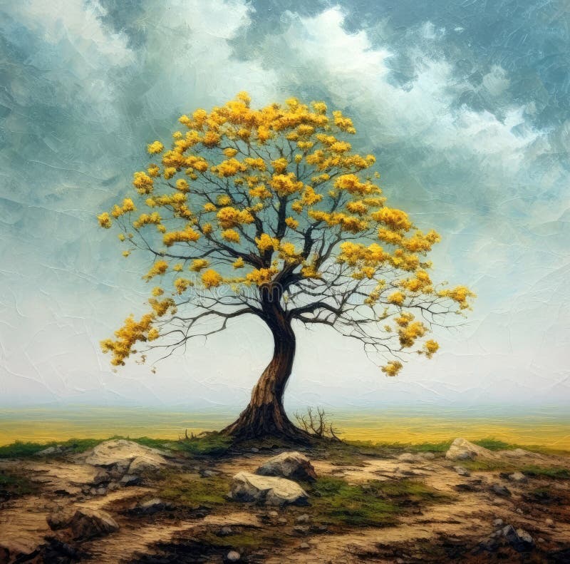 A squarish oil-based illustration of a colorful blooming lonely tree. AI-generated image. A squarish oil-based illustration of a colorful blooming lonely tree. AI-generated image.