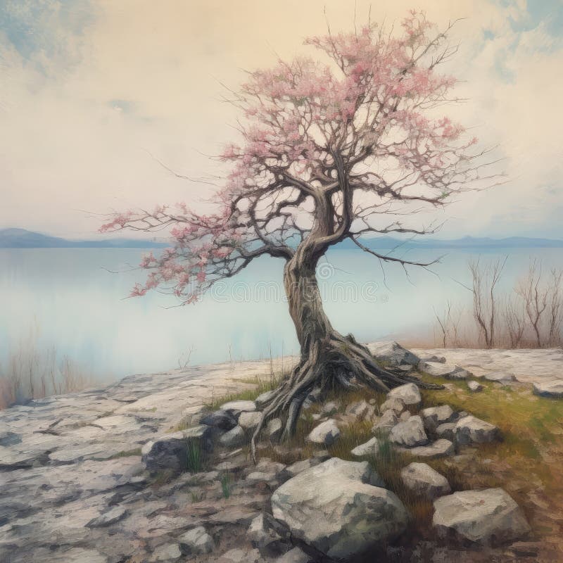 A squarish oil-based illustration of a colorful blooming lonely tree. AI-generated image. A squarish oil-based illustration of a colorful blooming lonely tree. AI-generated image.