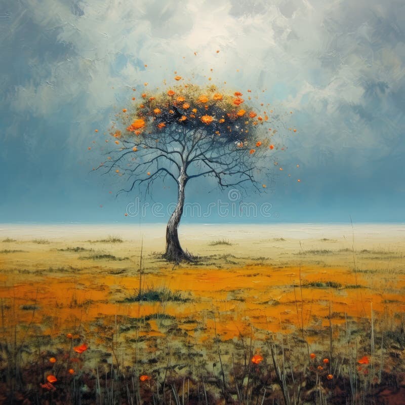 A squarish oil-based illustration of a colorful blooming lonely tree. AI-generated image. A squarish oil-based illustration of a colorful blooming lonely tree. AI-generated image.