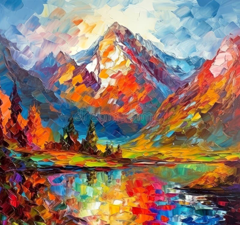 A squarish oil-painted illustration of mountains, a lake, and colorful trees. AI-generated image. A squarish oil-painted illustration of mountains, a lake, and colorful trees. AI-generated image.