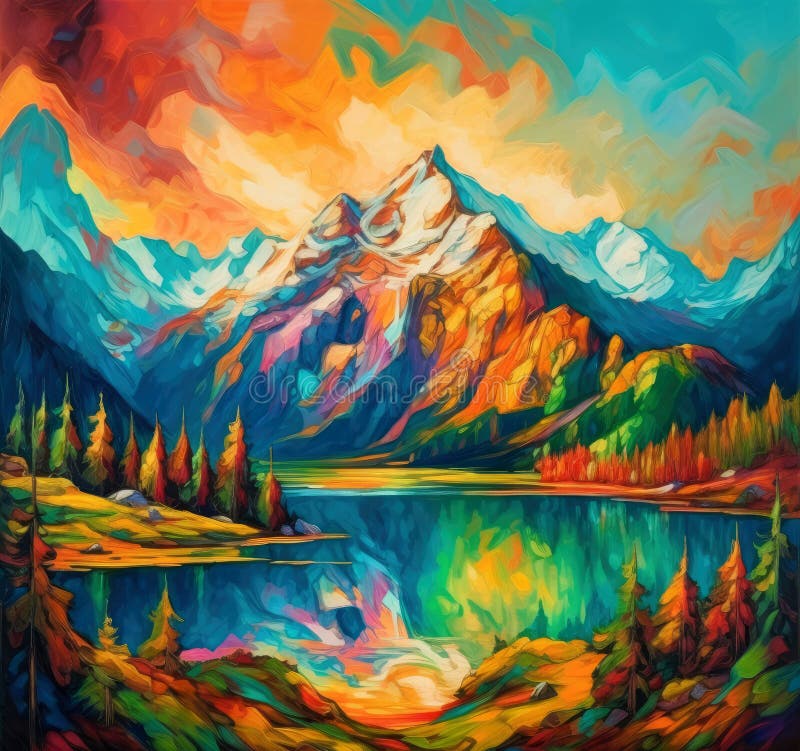 A squarish oil-painted illustration of a lake, and colorful trees. AI-generated image. A squarish oil-painted illustration of a lake, and colorful trees. AI-generated image.