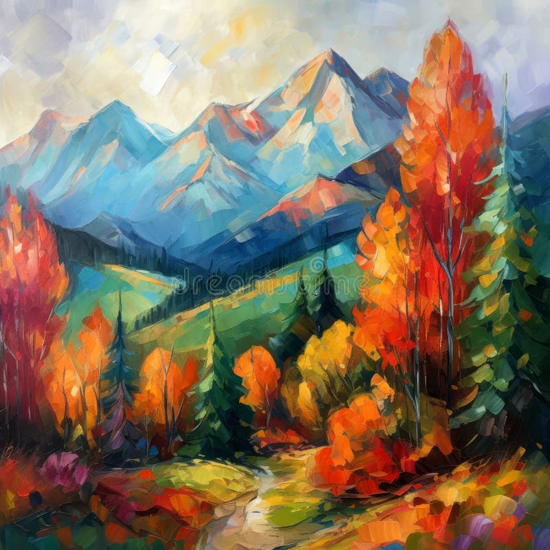 A squarish oil-painted illustration of mountains and colorful trees. AI-generated image. A squarish oil-painted illustration of mountains and colorful trees. AI-generated image.