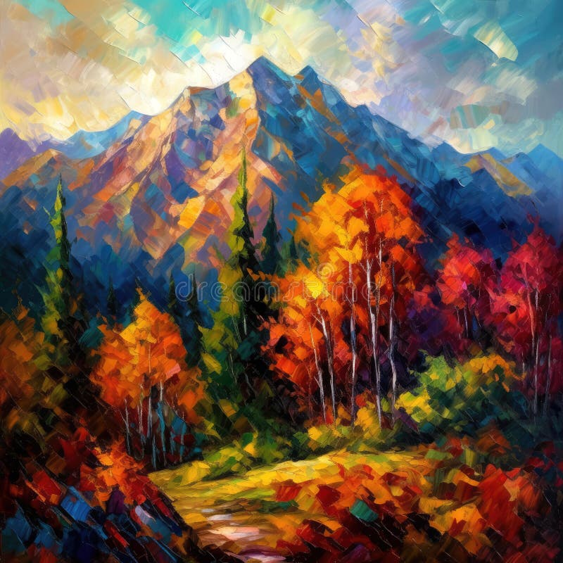 A squarish oil-painted illustration of mountains and colorful trees. AI-generated image. A squarish oil-painted illustration of mountains and colorful trees. AI-generated image.