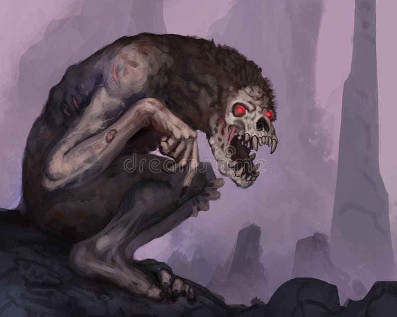 Un dipinto digitale di una creatura da demonio raccapricciante in una grotta sotterranea con occhi rossi accesi - un'illustrazion