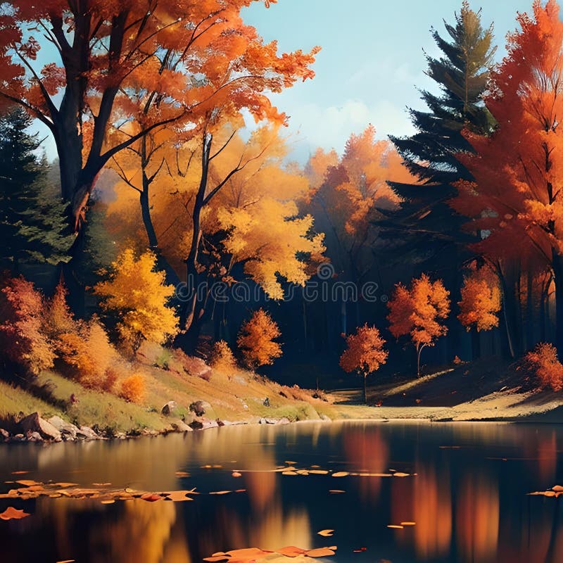 Un dipinto digitale generato dall'ai del paesaggio del tempo autunnale costituito da alberi alti e da uno stagno illustrazione vettoriale