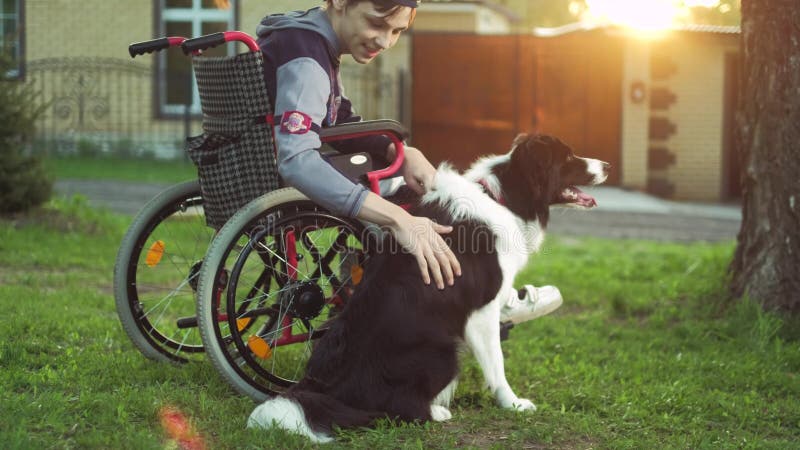 Un disabile gioca con un cane, la terapia di canitis, il trattamento di inabilità con addestramento con un cane, uomo in a