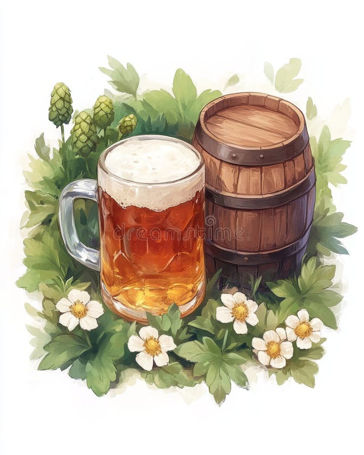 Un disegno animato di una tazza di birra incoronata da un fiore. Il fiore è abbracciato da foglie e la tazza è confinata da un