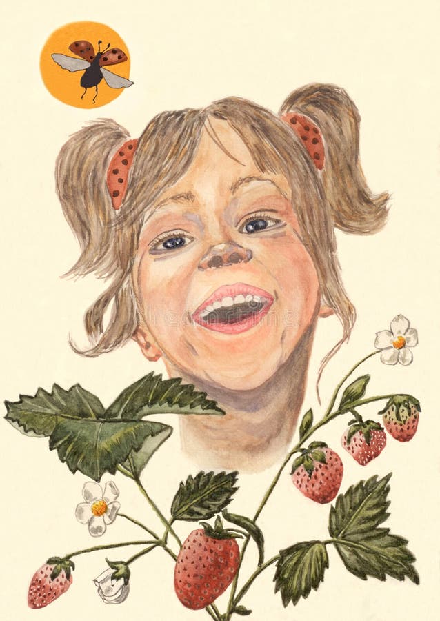 Un disegno fatto a mano di una bambina di risata, guardante da una pianta di fragola illustrazione di stock Un disegno fatto a mano di una bambina di risata, guardante da una pianta di fragola illustrazione di stock