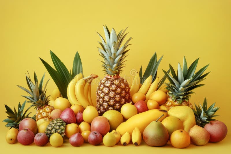 Un display colorato presenta un assortimento di frutta tropicale, compresi anananassi, banane e manghi, su un giallo allegro immagine stock