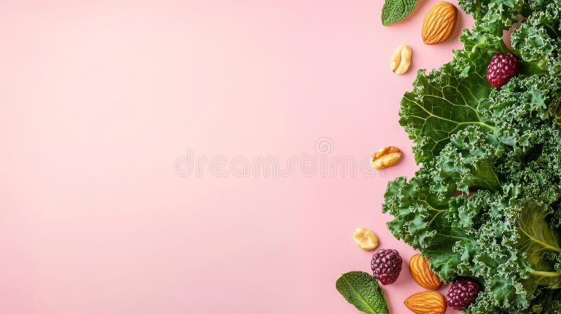 Un display colorato presenta un kale fresco una varietà di noci e bacche ben disposte su uno sfondo di rosa morbido. Un display colorato presenta una varietà di noci fresche e bacche ben disposte su uno sfondo rosa morbido che promuove un sano tema alimentare. prodotto a base di