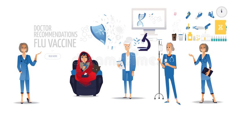 Un docteur dans une robe longue avec un vaccin de grippe et une fille dans une couverture rouge avec une tasse de thé sur le sofa illustration stock Un docteur dans une robe longue avec un vaccin de grippe et une fille dans une couverture rouge avec une tasse de thé sur le sofa illustration stock